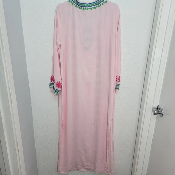 Sail to Sable Pink/Green Embroidered Maxi Size S NWT Resortwear Caftan - Picture 6 of 9